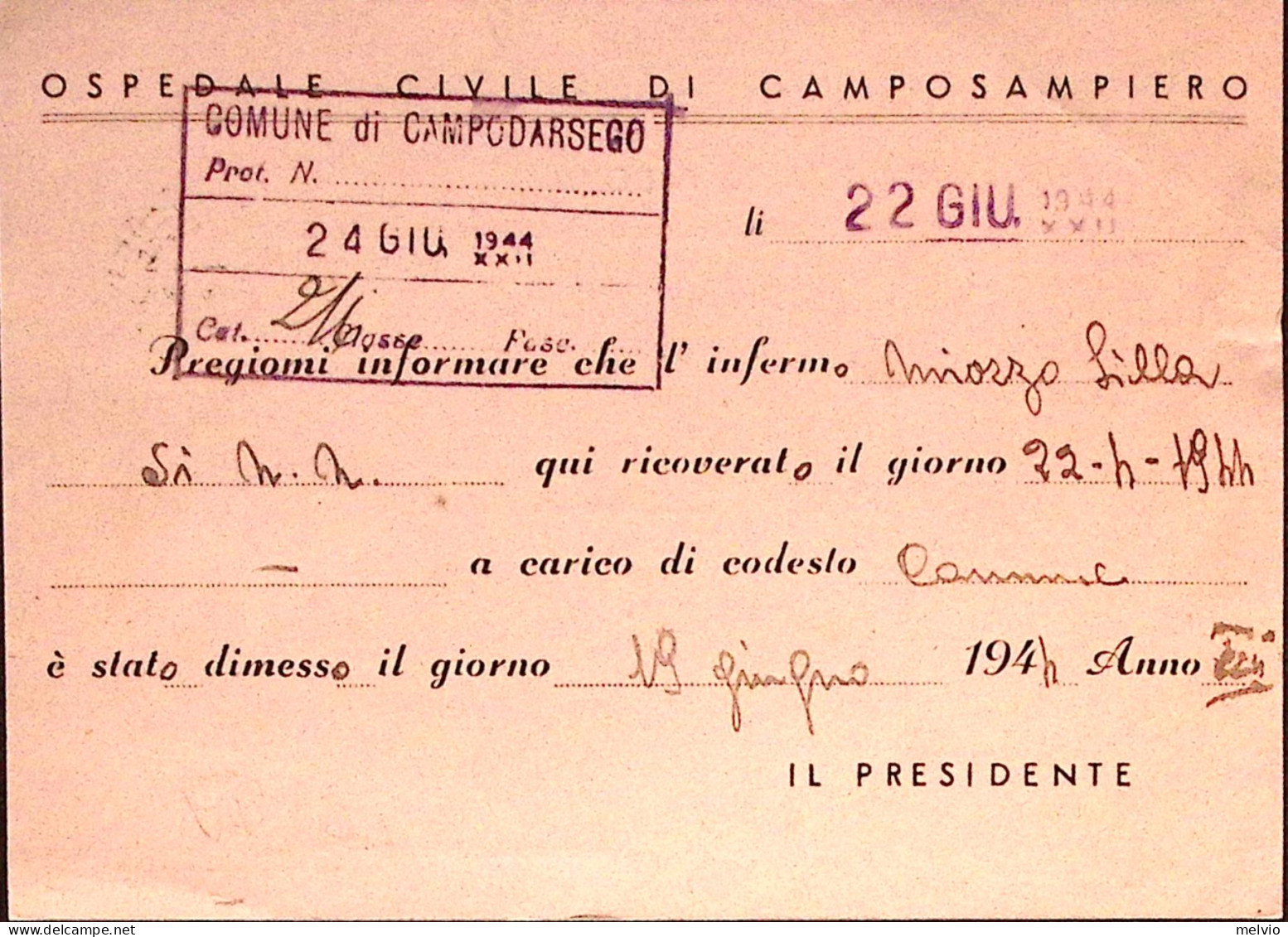 1944-RSI Marca Da Bollo C.30 Isolato Su Cart. Ammin. Camposampiero Padova (22.6. - Marcophilie