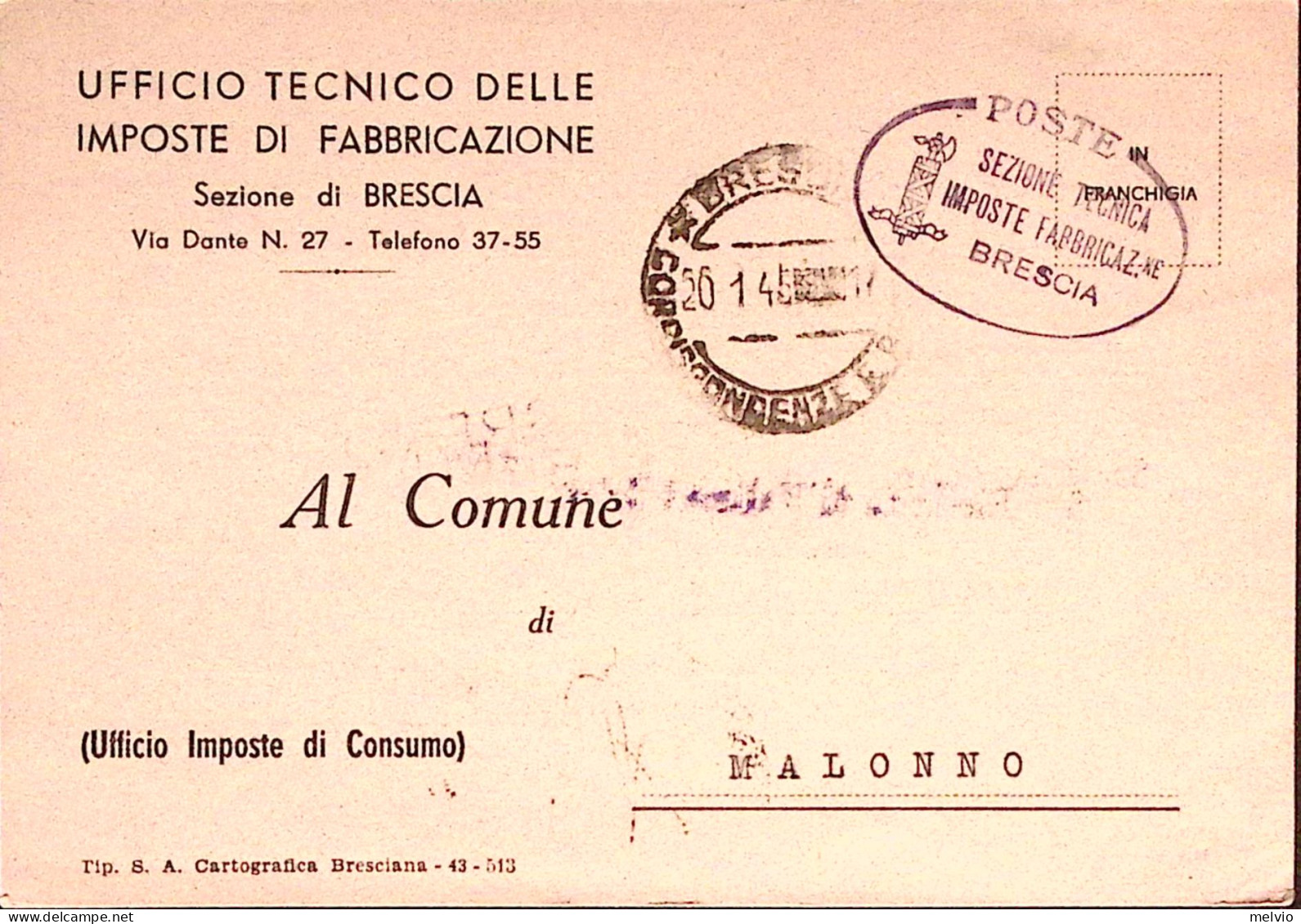 1945-RSI Ovale Con Fascio SEZIONE TECNICA/IMPOSTE FABBRICAZ/BRESCIA Su Cart Bres - Marcophilie