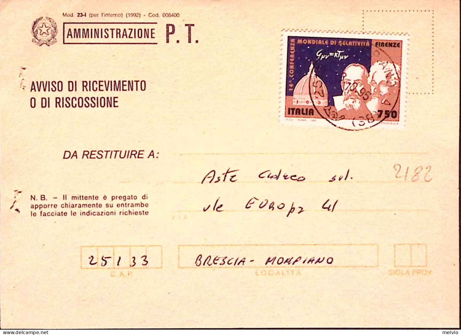 1995-GALILEI Lire 750 Isolato Su Avviso Ricevimento - 1991-00: Poststempel