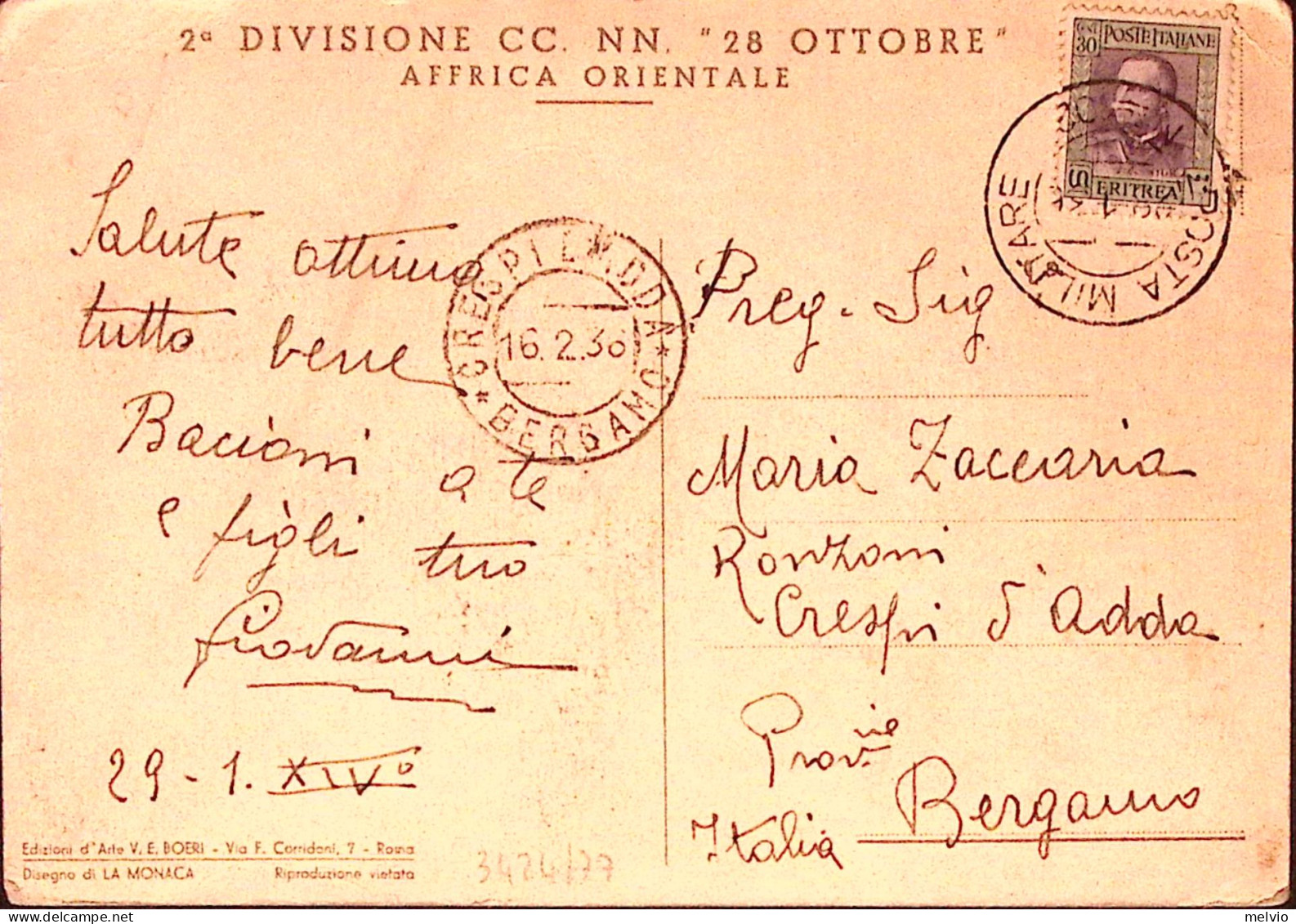 1936-2^ DIVISIONE CC NN 28 OTTOBRE/AFRICA ORIENTALE Cartolina Reggimentale Posta - Afrique Orientale Italienne