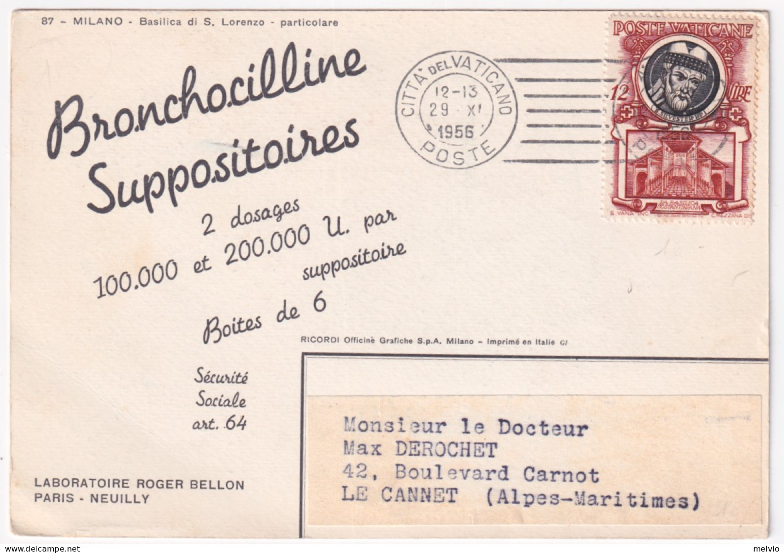 1956-VATICANO Papi E Basiliche Lire 12 (161) Isolato Su Stampe (29.11) Per La Fr - Autres & Non Classés