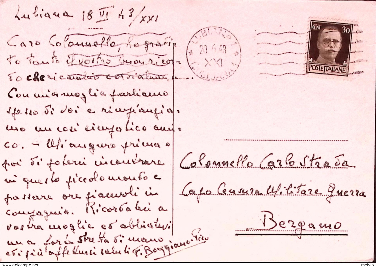 1943-LUBIANA Mecc. Bilingue (20.6) Su Cart. Ill - Ljubljana