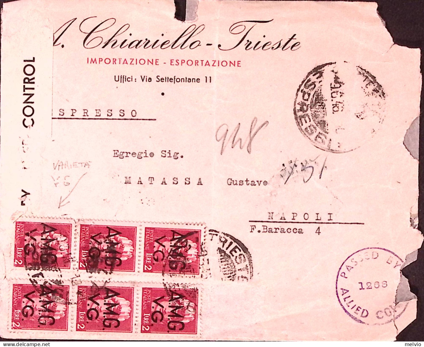 1946-AMG-VG 2 Striscia 3 Lire 2 Su Espresso Trieste (9.6) VARIETA' (taglio Chiru - Marcophilie