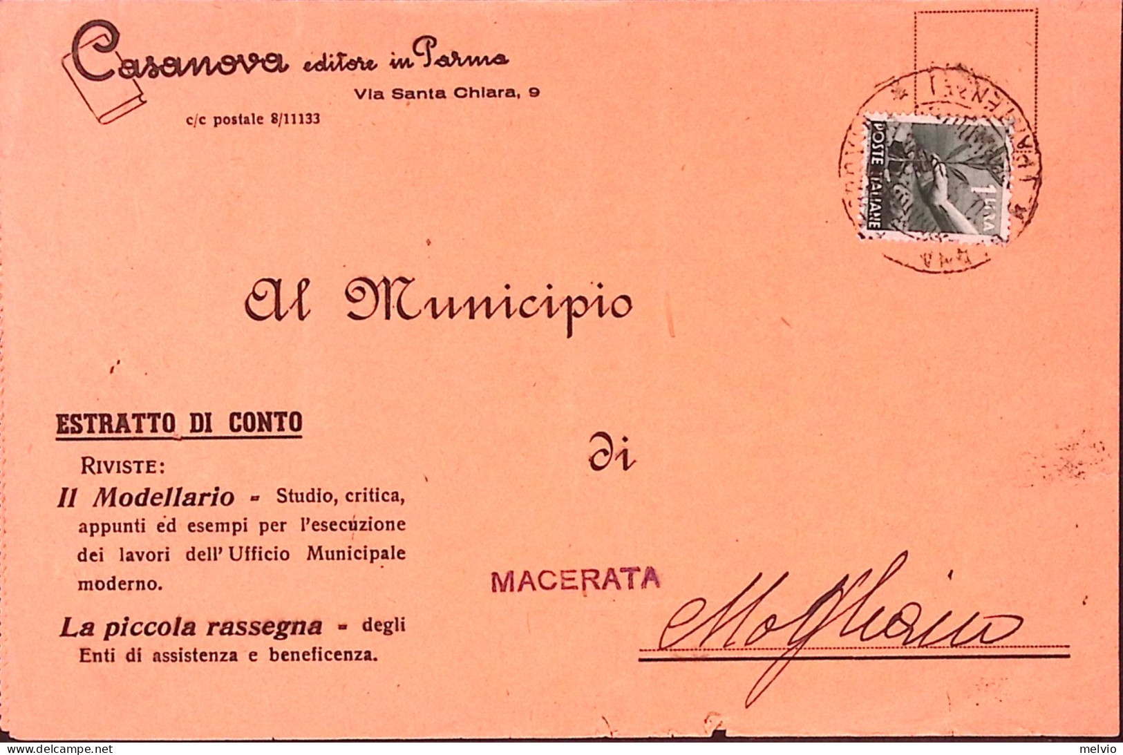 1946-Democratica. Lire 1 Isolato Su Estratto Conto - 1946-60: Marcophilie