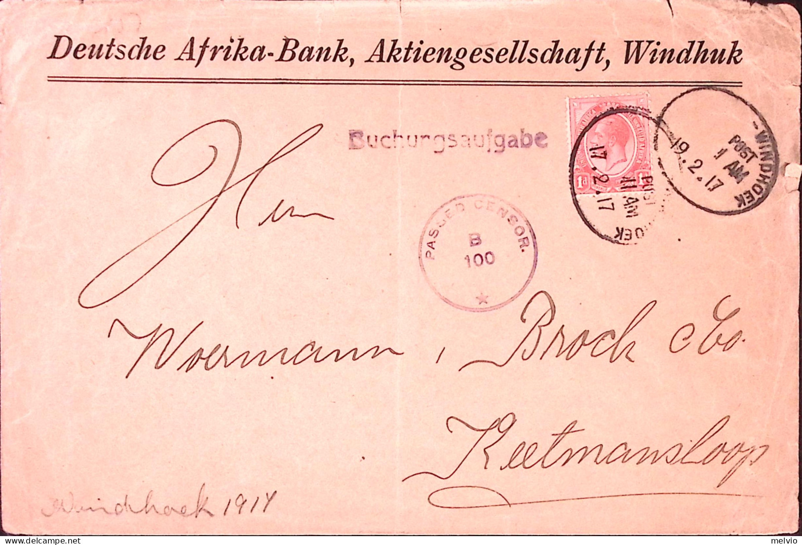1917-AFRICA SUD Amm. Inglese Ann Windhuk Scalpellato - Briefe U. Dokumente