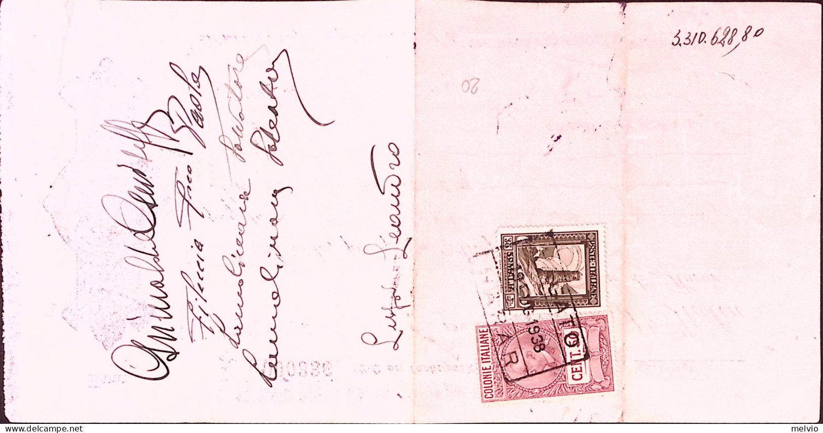 1938-SOMALIA C. 30 Come Fiscale + MdB C.50 Al Verso Assegno - Somalie