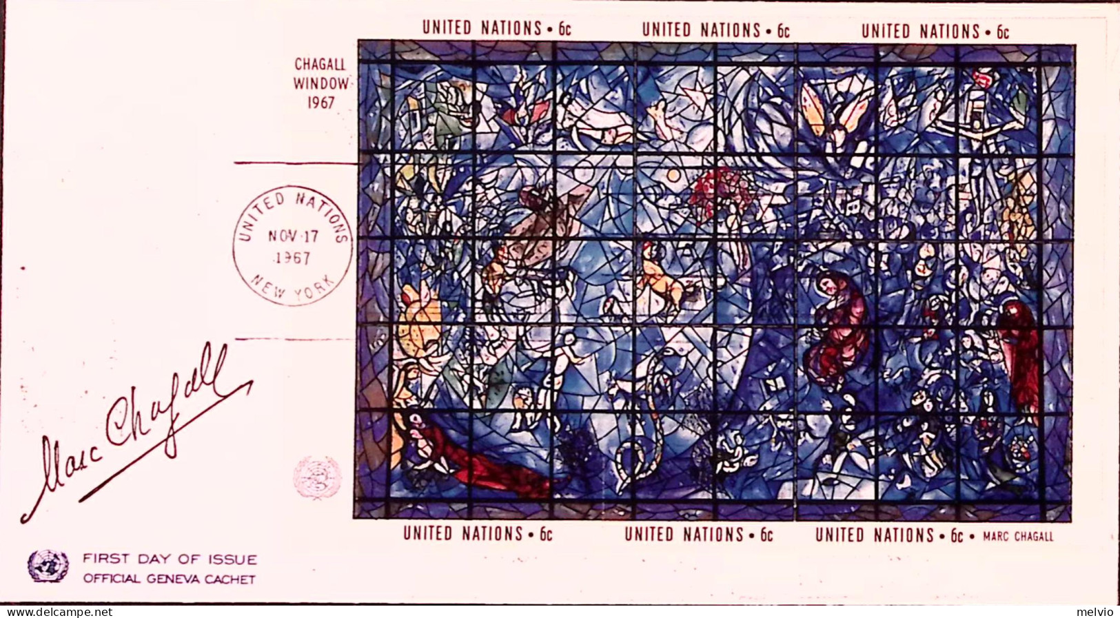 1967-NAZIONI UNITE Vetrata Marc Chagall Foglietto Cpl Fdc - Otros & Sin Clasificación