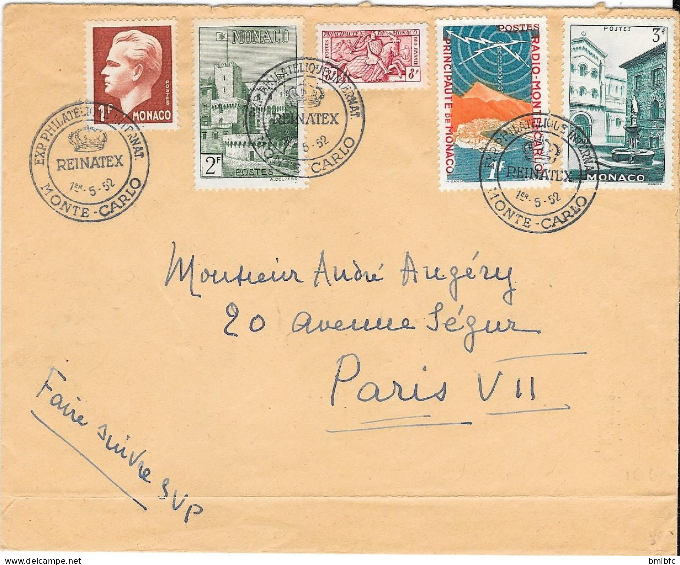 Principauté De Monaco  Sur Lettre 1952 - Briefe U. Dokumente