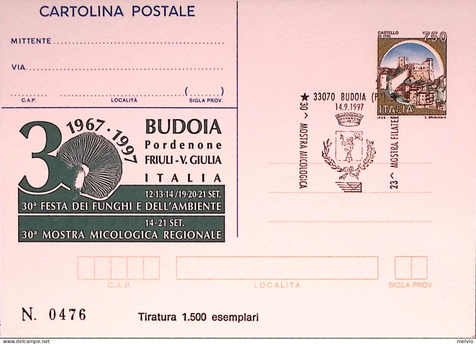 1997-BUDOIA Funghi E Ambiente Cartolina Postale IPZS Lire 750 Ann Spec - Postwaardestukken
