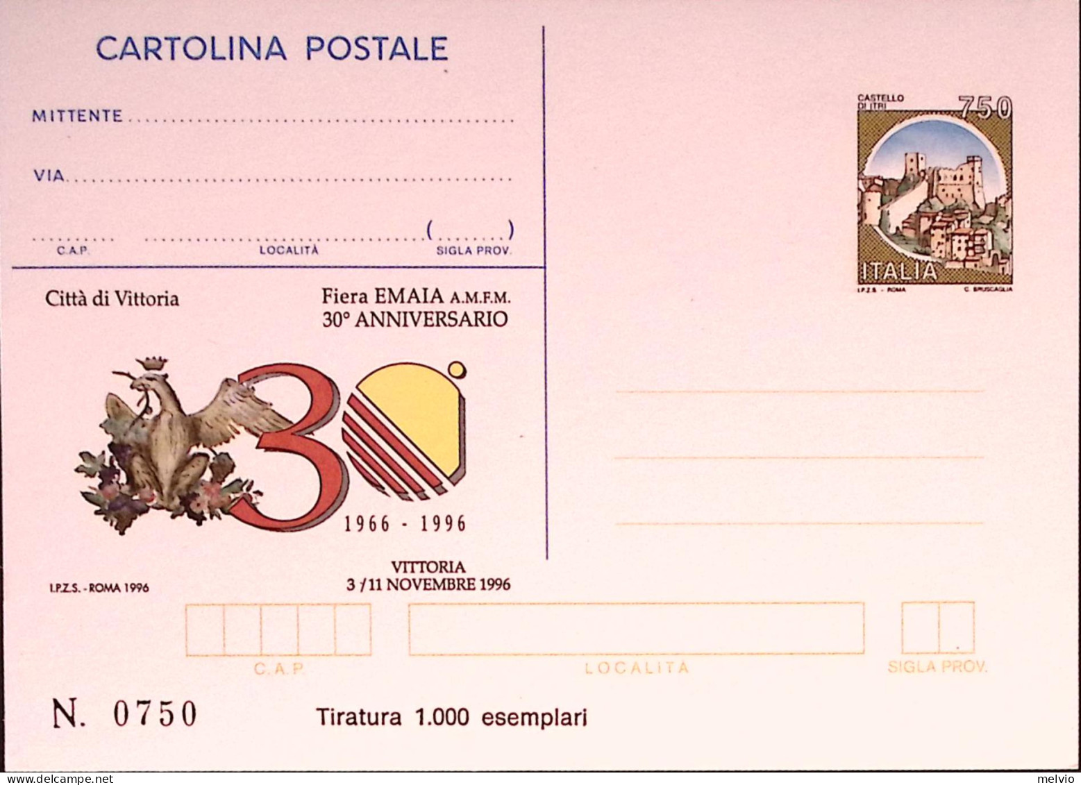 1996-VITTORIA-EMAIA Cartolina Postale IPZS Lire 750 Nuova - Postwaardestukken