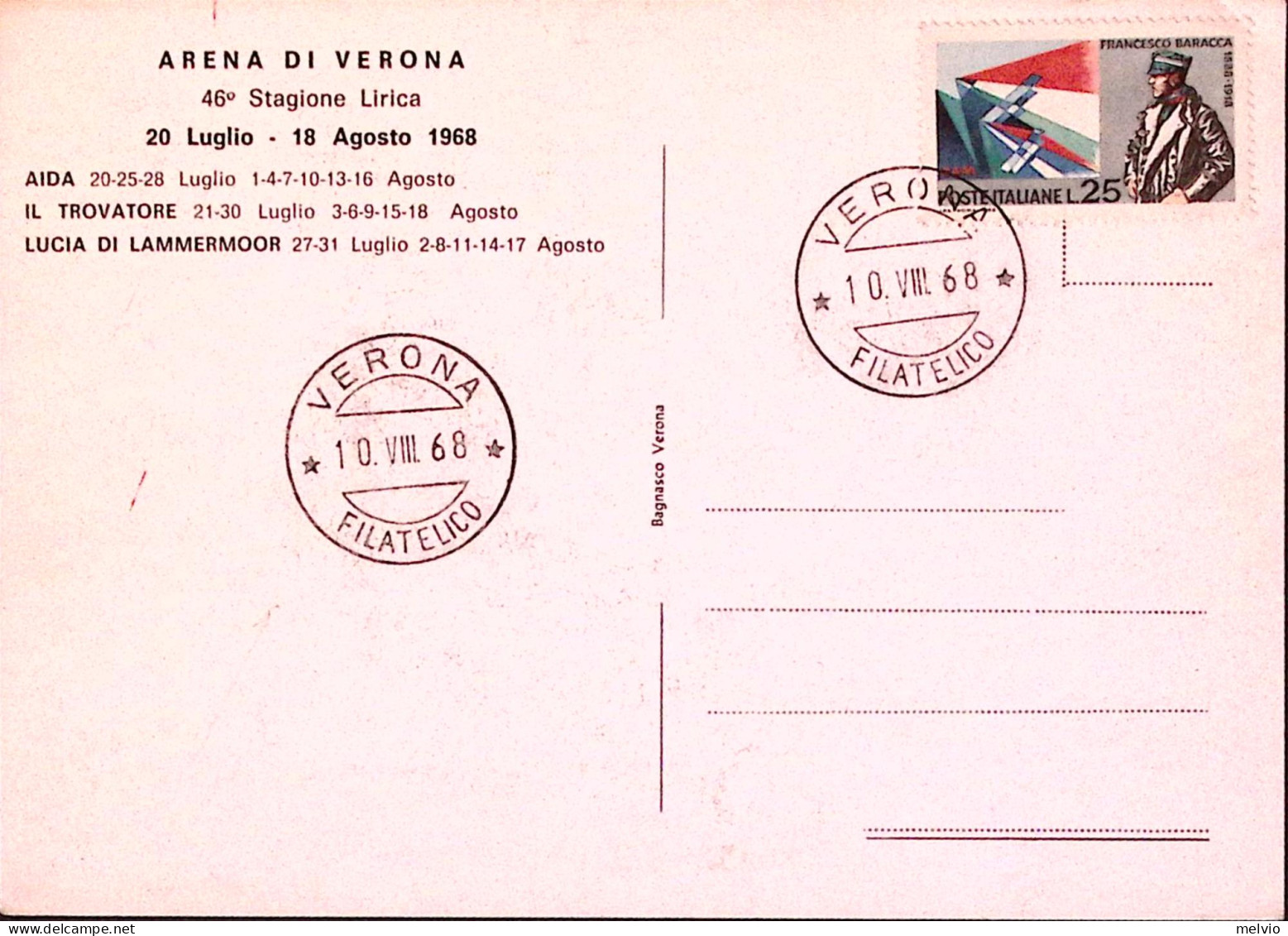 1968-VERONA ARENA Programma1968 Riproduzione Cartolina Programma1913-annullata - Musik