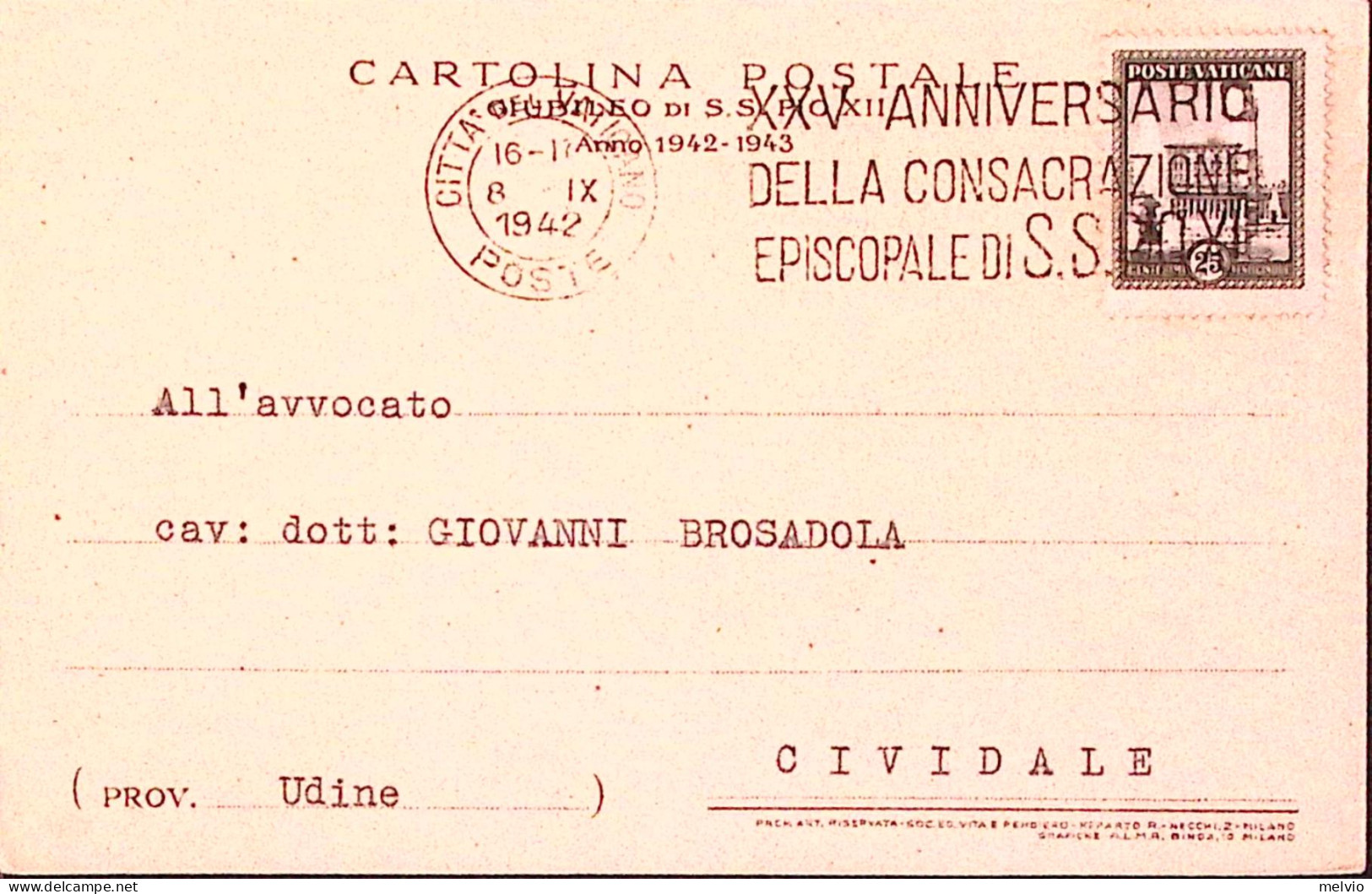 1942-PIO XII, Cartolina Con Benedizione Pontificia, Viaggiata Vaticano (8.9) - Autres & Non Classés