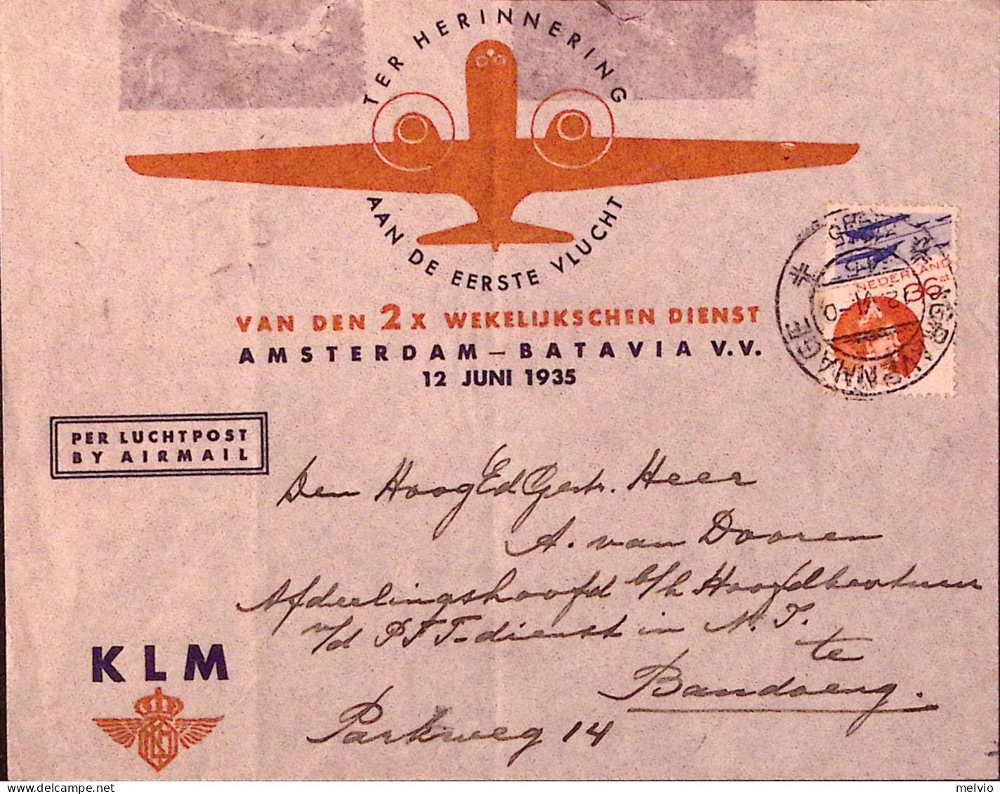 1935-OLANDA NEDERLAND I^volo KLM AMSTERDAM-BATAVIA  C.36 Gravenhage(.6) Arrivo B - Poste Aérienne