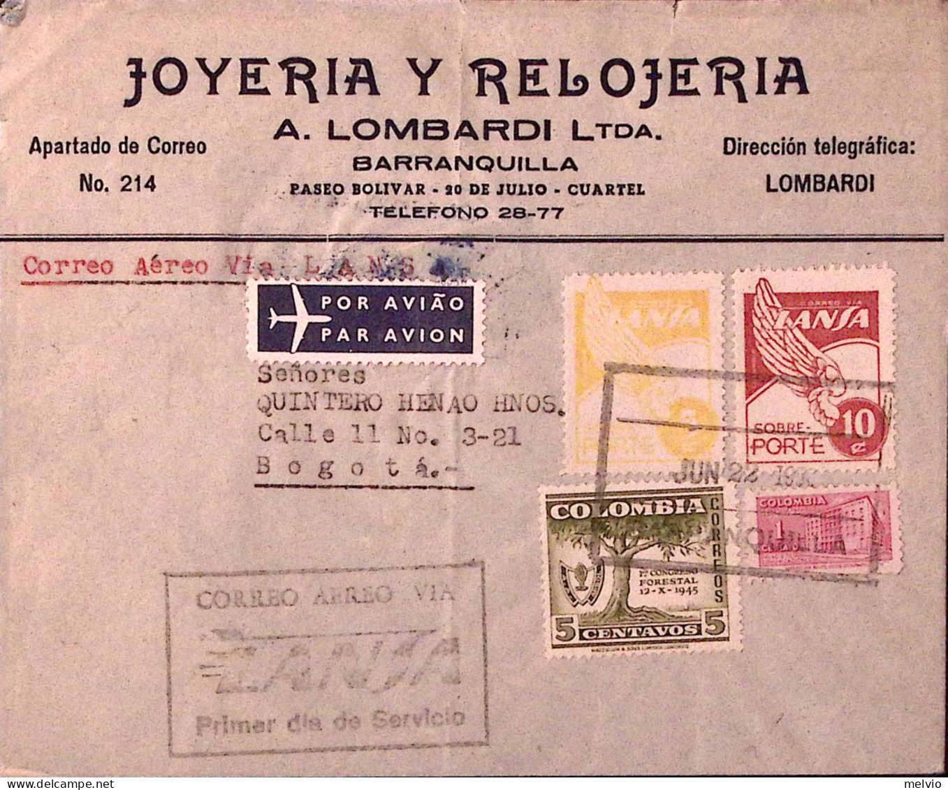 1950-Colombia I^giorno Servizio Aereo LANSA Barranquilla-Bogota' Del 22.6 Affran - Colombie