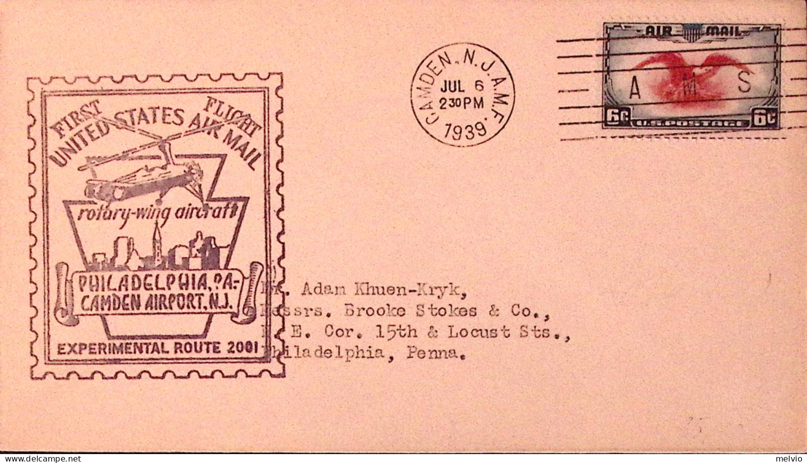 1939-U.S.A. VOLO PHILADELPHIA-CAMDEN AIRPORT Rotary Wing Aircraft Bollo Su Camde - Lettres & Documents
