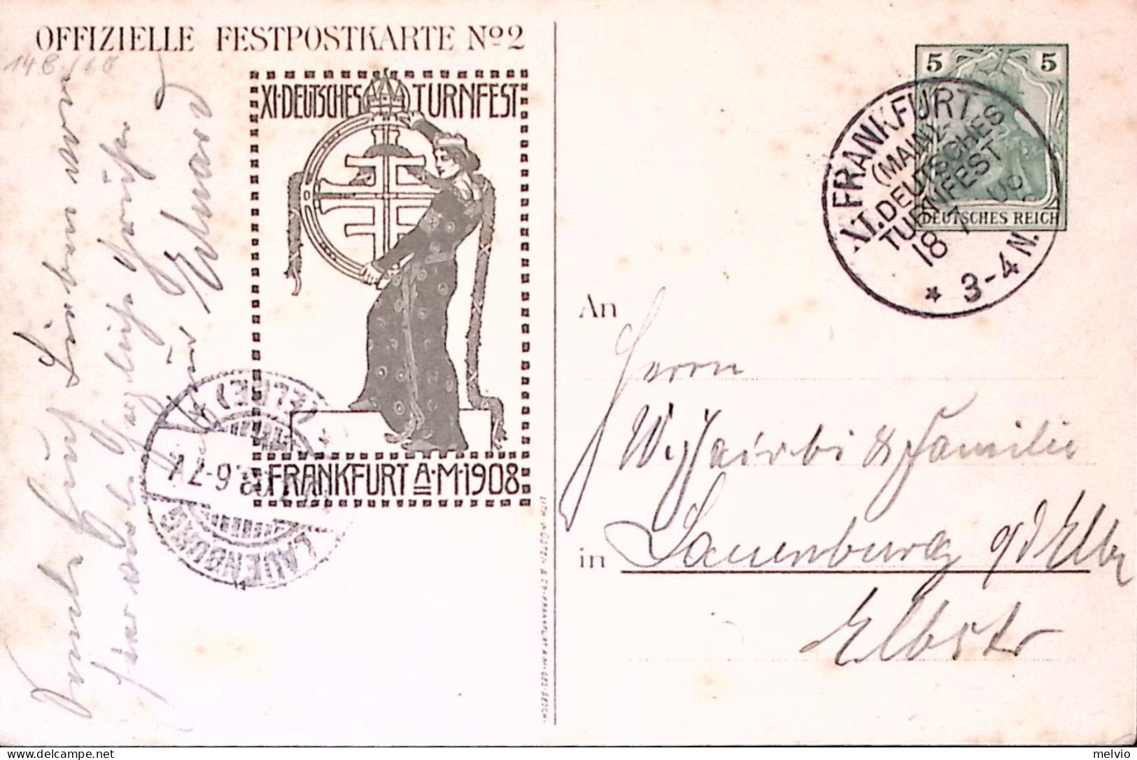 1908-GERMANIA REICH Cartolina Postale P.5 XI Camp. Ginnastica/Frankfurt (18.7) V - Briefe U. Dokumente