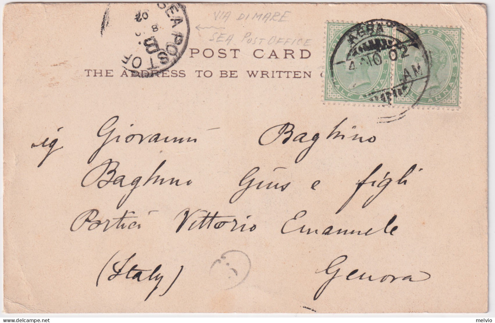 1902-India Cartolina Di Agra Diretta A Genova Con Bollo Sea Post Office - Inde