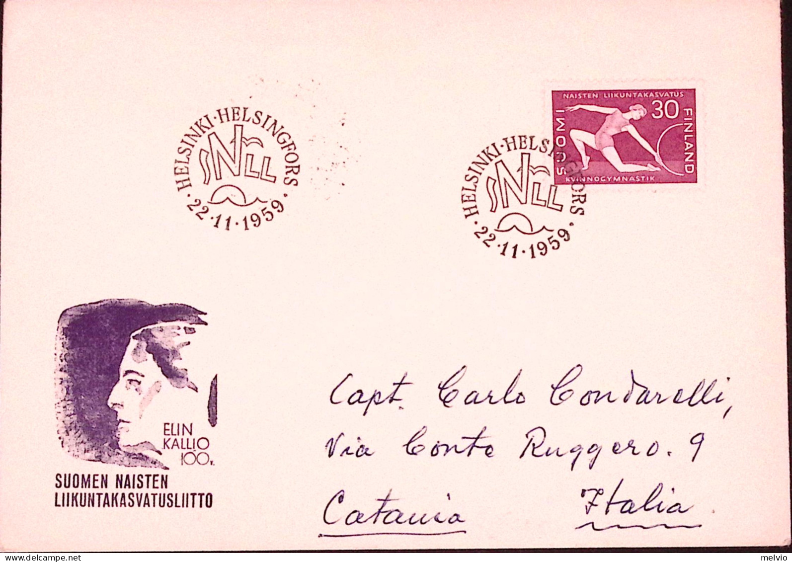 1959-FINLANDIA FINNLAND 100 Nascita Kallia Creatrice Ginnastica Femminile (489)  - Lettres & Documents