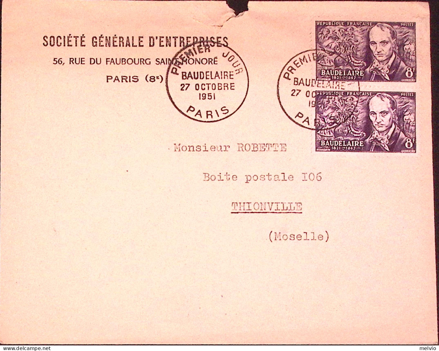 1951-Francia FRANCE Baudelaire 2 F.8 (908) Fdc - 1950-1959