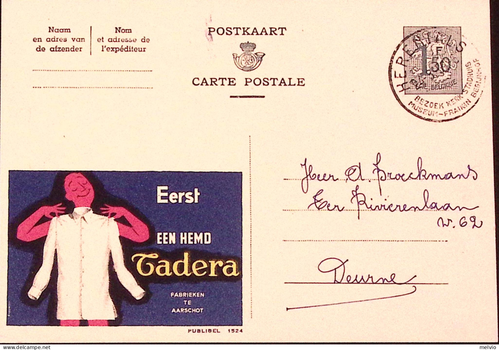 1959-Belgio  Cartolina Postale F. 1,50 Pubblicitaria Camiceria Tadera Viaggiata - Autres & Non Classés