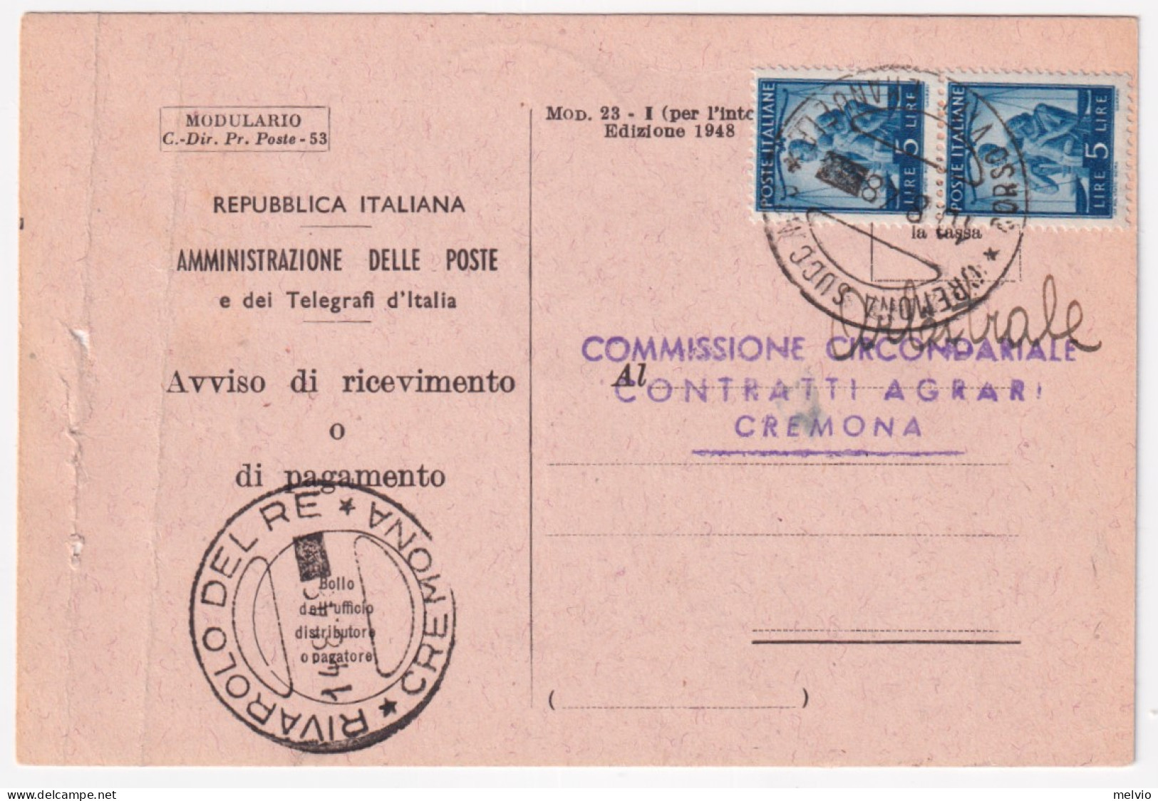1948-Democratica Coppia Lire 5 Su Avviso Ricevimento Cremona (10.8 ULTIMO GIORNO - 1946-60: Marcophilie