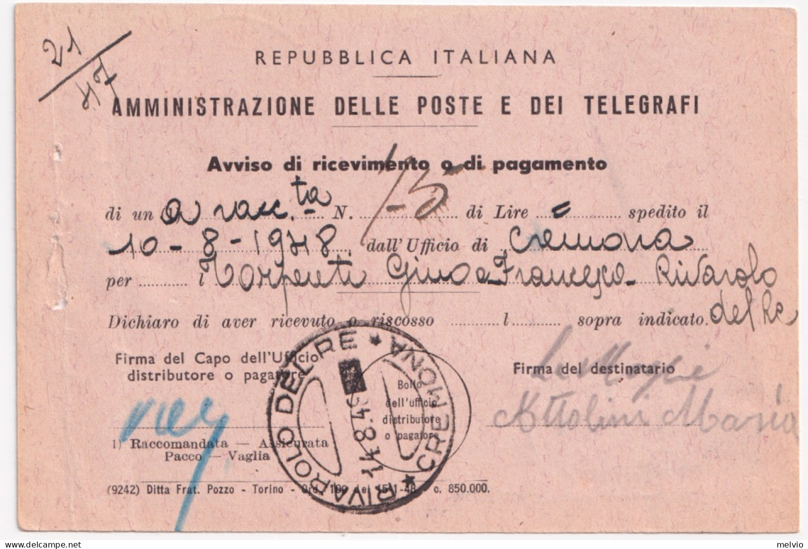 1948-Democratica Coppia Lire 5 Su Avviso Ricevimento Cremona (10.8 ULTIMO GIORNO - 1946-60: Marcophilie