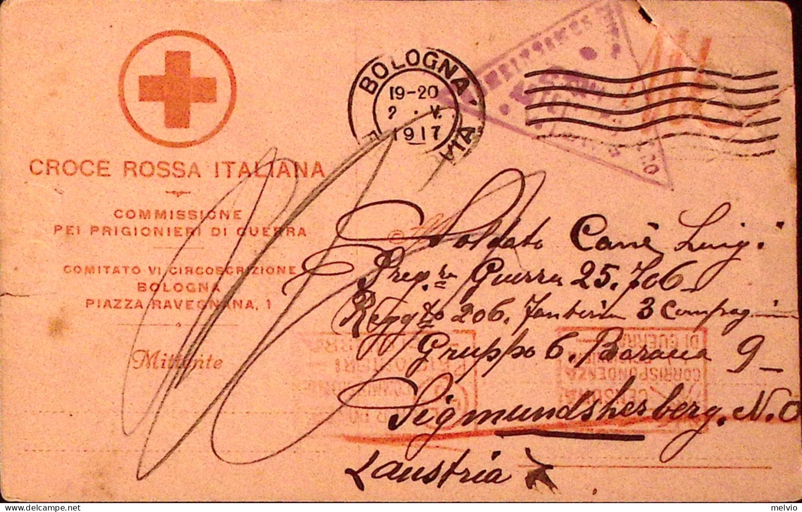 1917-PRIGIONIERI GUERRA Cartolina Croce Rossa Bologna (2.6) Diretta A Prigionier - Croix-Rouge