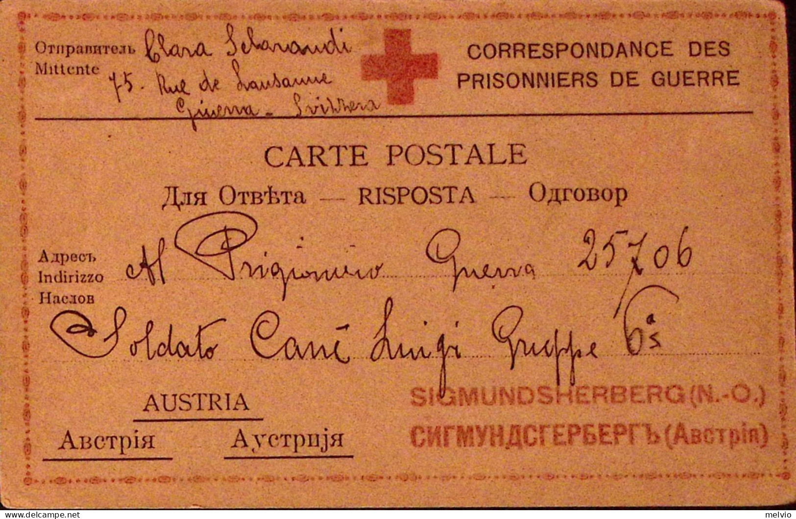 1917-PRIGIONIERI GUERRA Cartolina Risposta Croce Rossa Ginevra (ms 6.12) Diretta - Rode Kruis