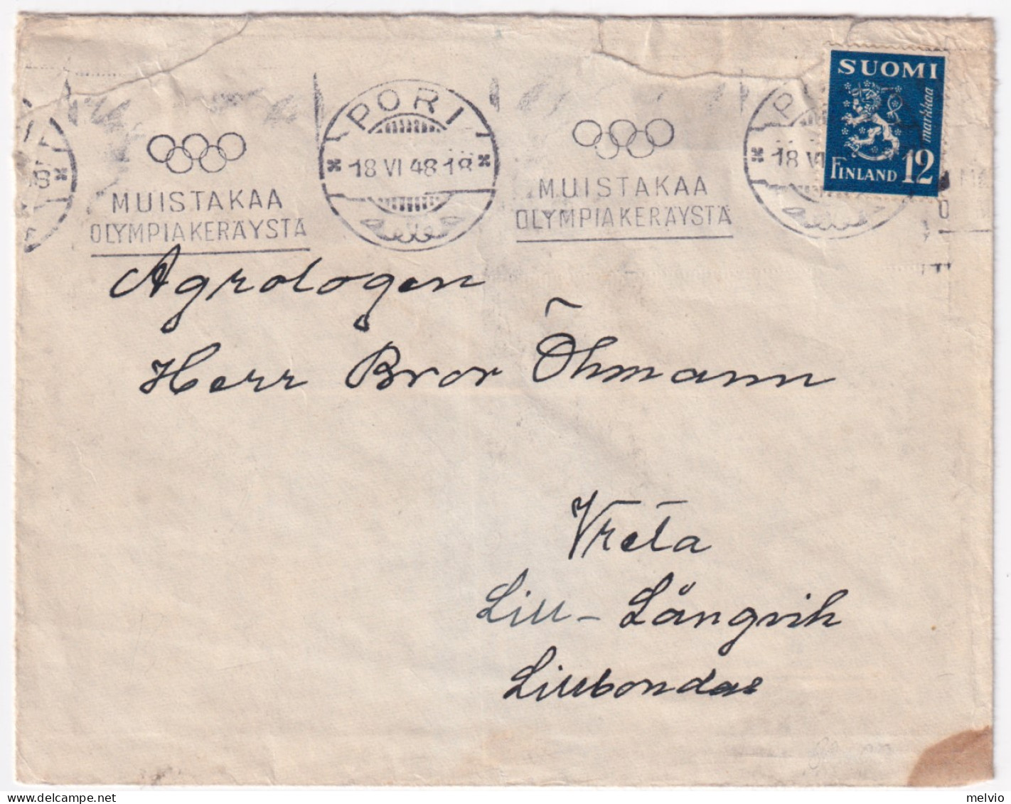 1948-FINLANDIA Ann. Meccanico Pori Ricordo Tematica Olimpica (18.6) Su Busta Aff - Lettres & Documents