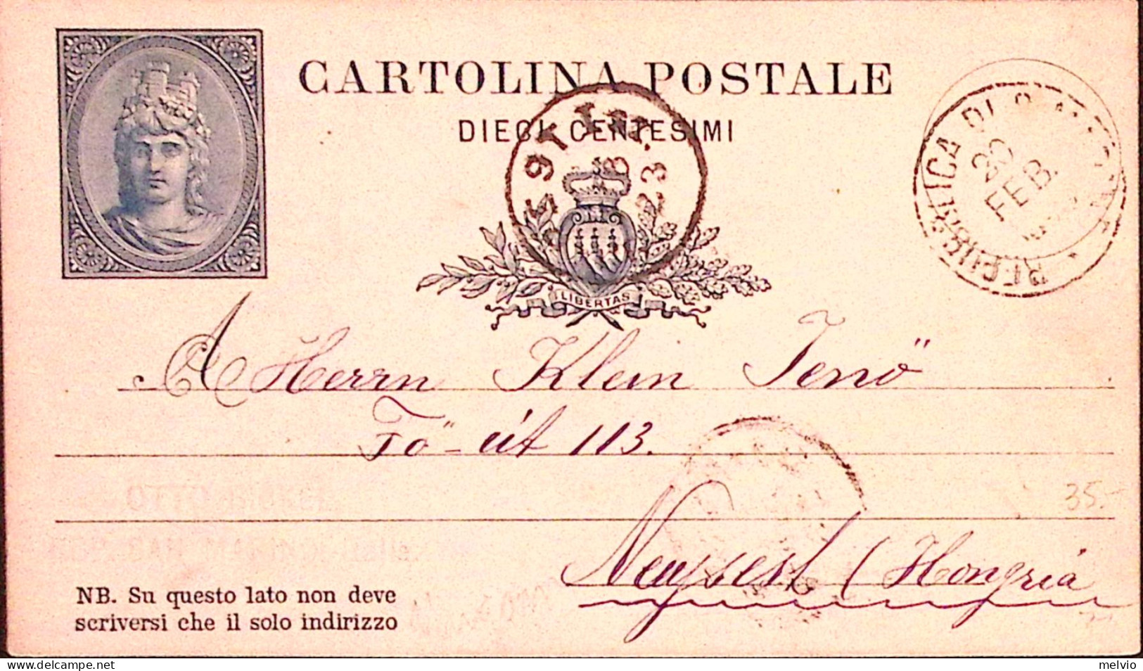 1893-SAN MARINO Cartolina Postale Libertas (azzurro) C1 (20.2) Per Ungheria - Postal Stationery