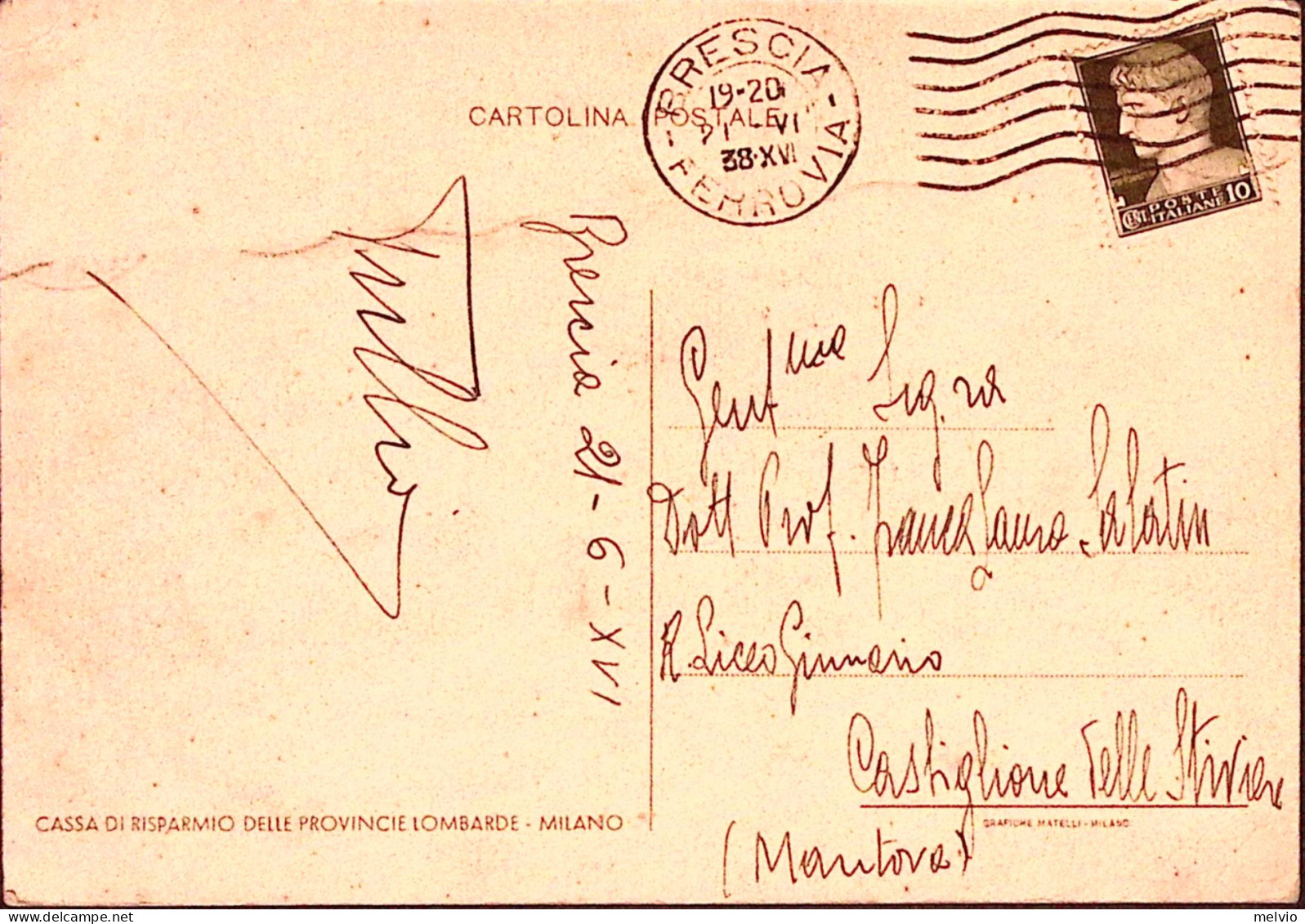 1938-CASSA RISPARMIO PROVINCIE LOMBARDE Cartolina Viaggiata Brescia (21.6) - Werbepostkarten