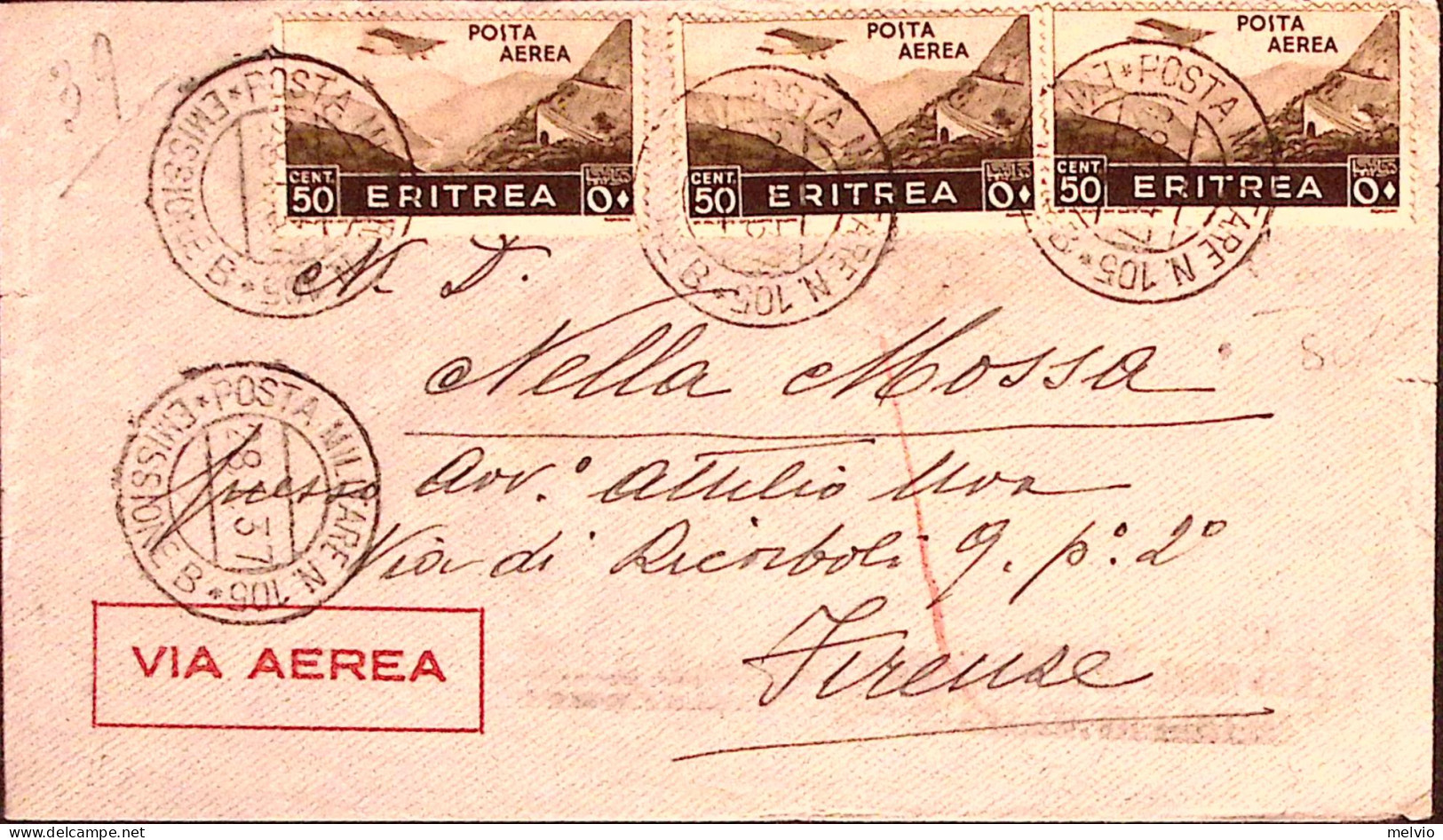 1937-Posta Militare N.105/EMISSIONE B C.2 (28.1) Su Busta Via Aerea Affrancata E - Eritrea