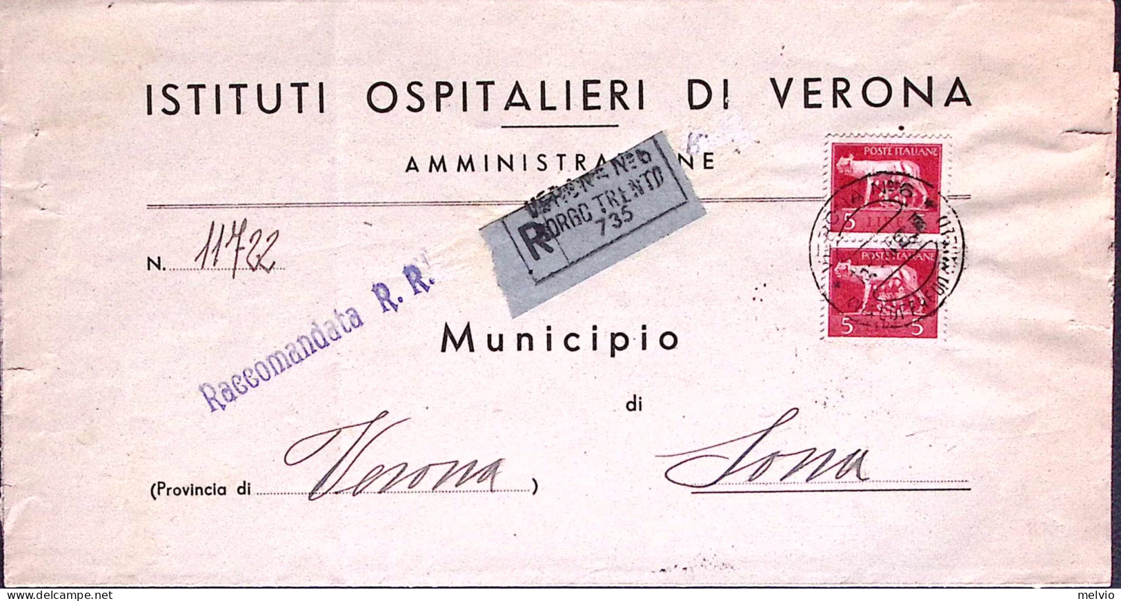 1945-Imperiale SF Coppia Lire 5 Su Piego Racc. Verona (15.6.46) - Marcophilia