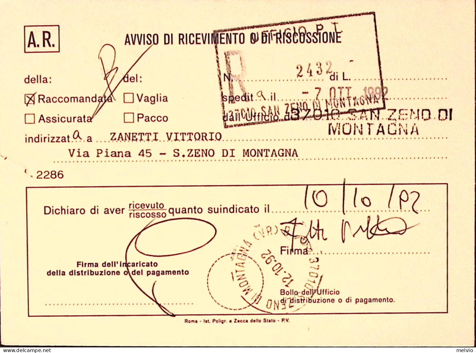 1992-ESPOSIZIONE FILATELIA GENOVA1992 Lire 750 (30927) Isolato Su Avviso Ricevim - 1991-00: Marcophilie