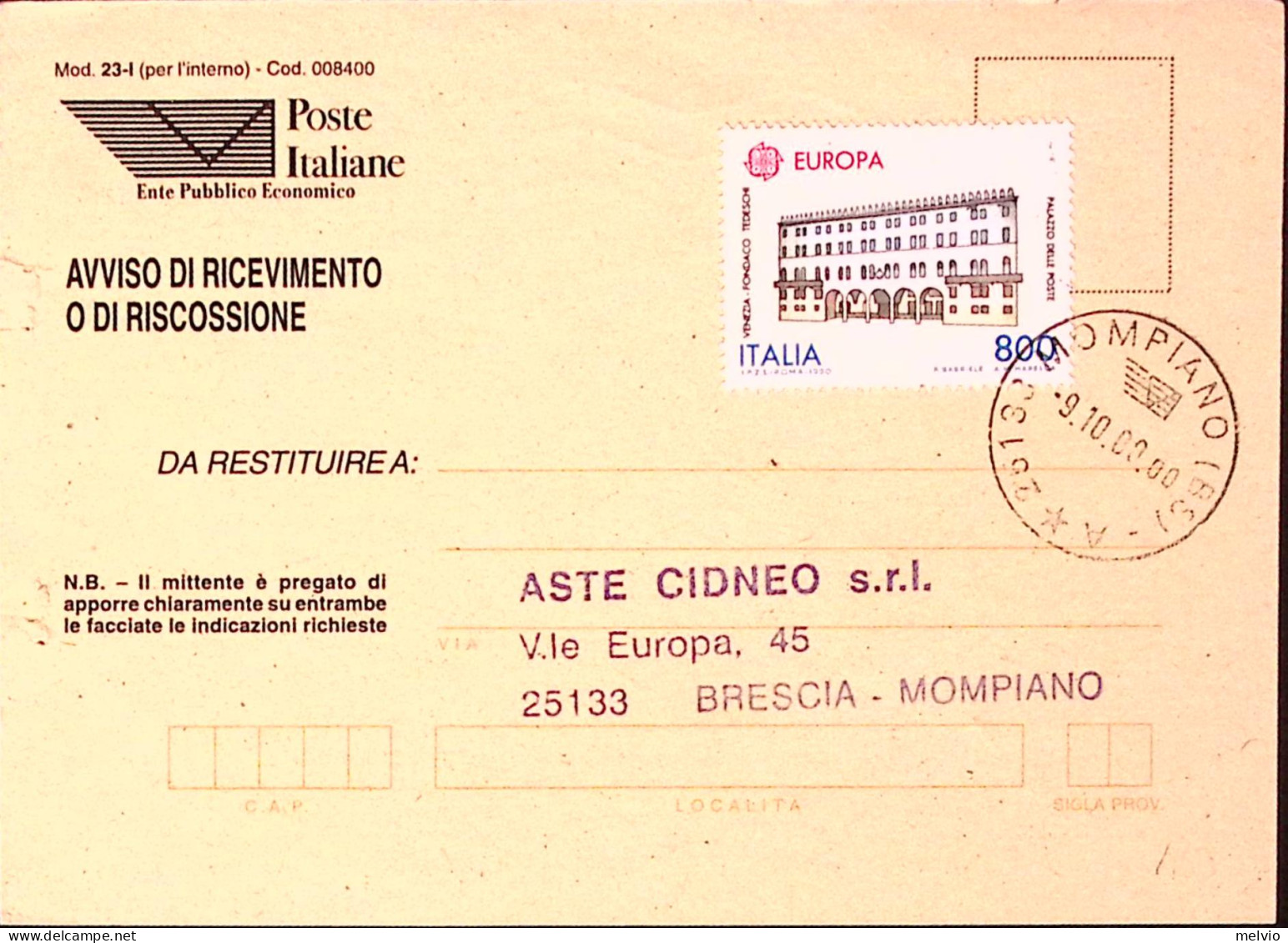 2000-EUROPA1990 Lire 800 ROMA Palazzo Poste Isolato Su Avviso Ricevimento. - 1991-00: Marcophilie