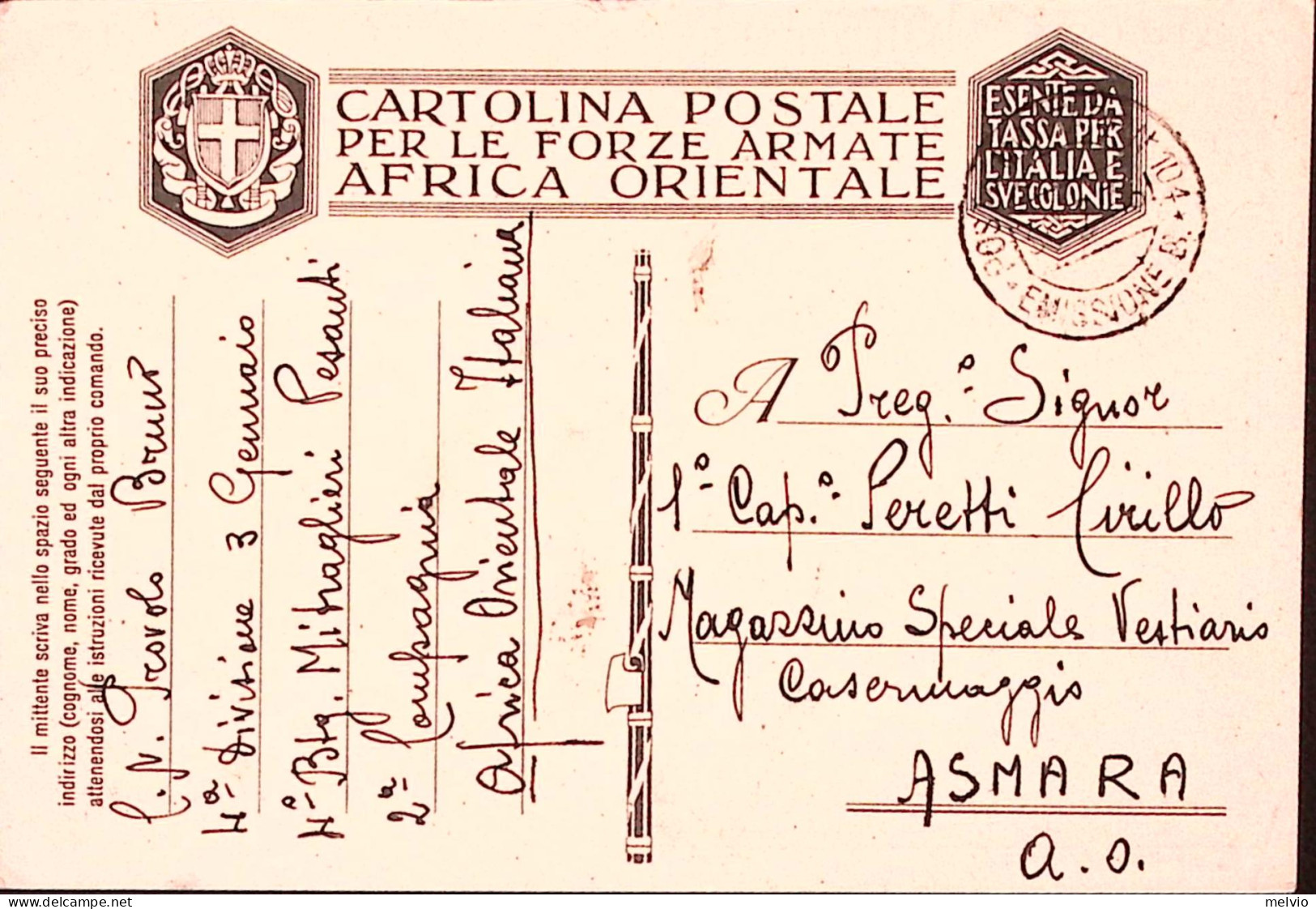 1936-Posta Militare N 104/EMISSIONE B C.2 (29.7) Su Cartolina Franchigia Carta A - Erythrée