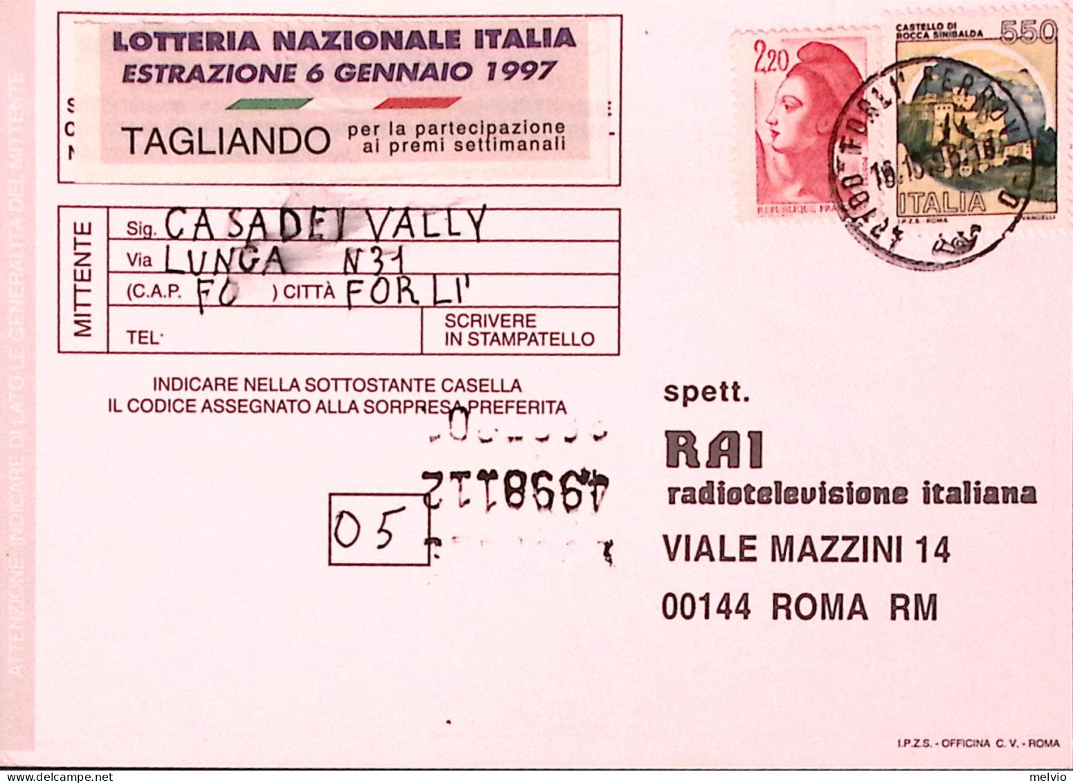 1997-cartolina Concorso RAI Con Palese Frode Postale Forlì (16.10) Non Tassata - 1991-00: Marcophilie