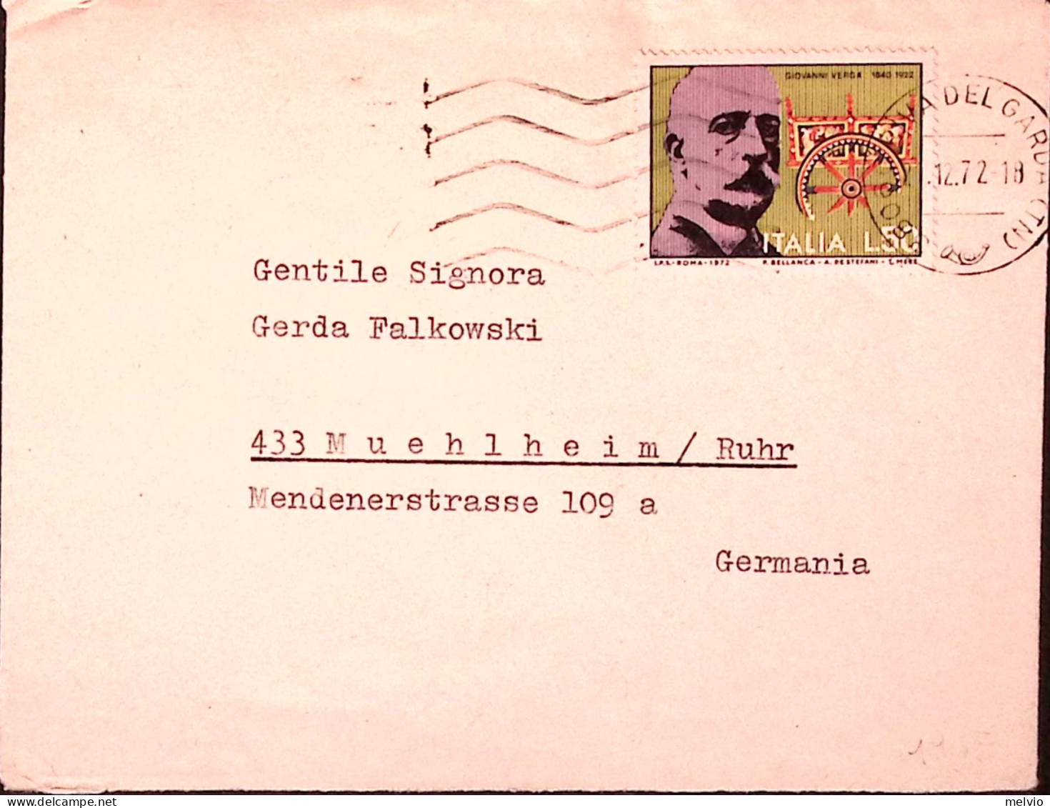 1972-VERGA Lire 50 Isolato Su Busta Desenzano (6.12) Per La Germania - 1971-80: Marcophilia