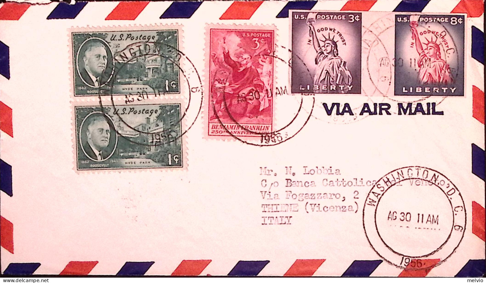 1956-U.S.A. Statua Liberta' C.3 E 8 Non Dentellati (foglietto) + Roosevelt Coppi - Marcophilie