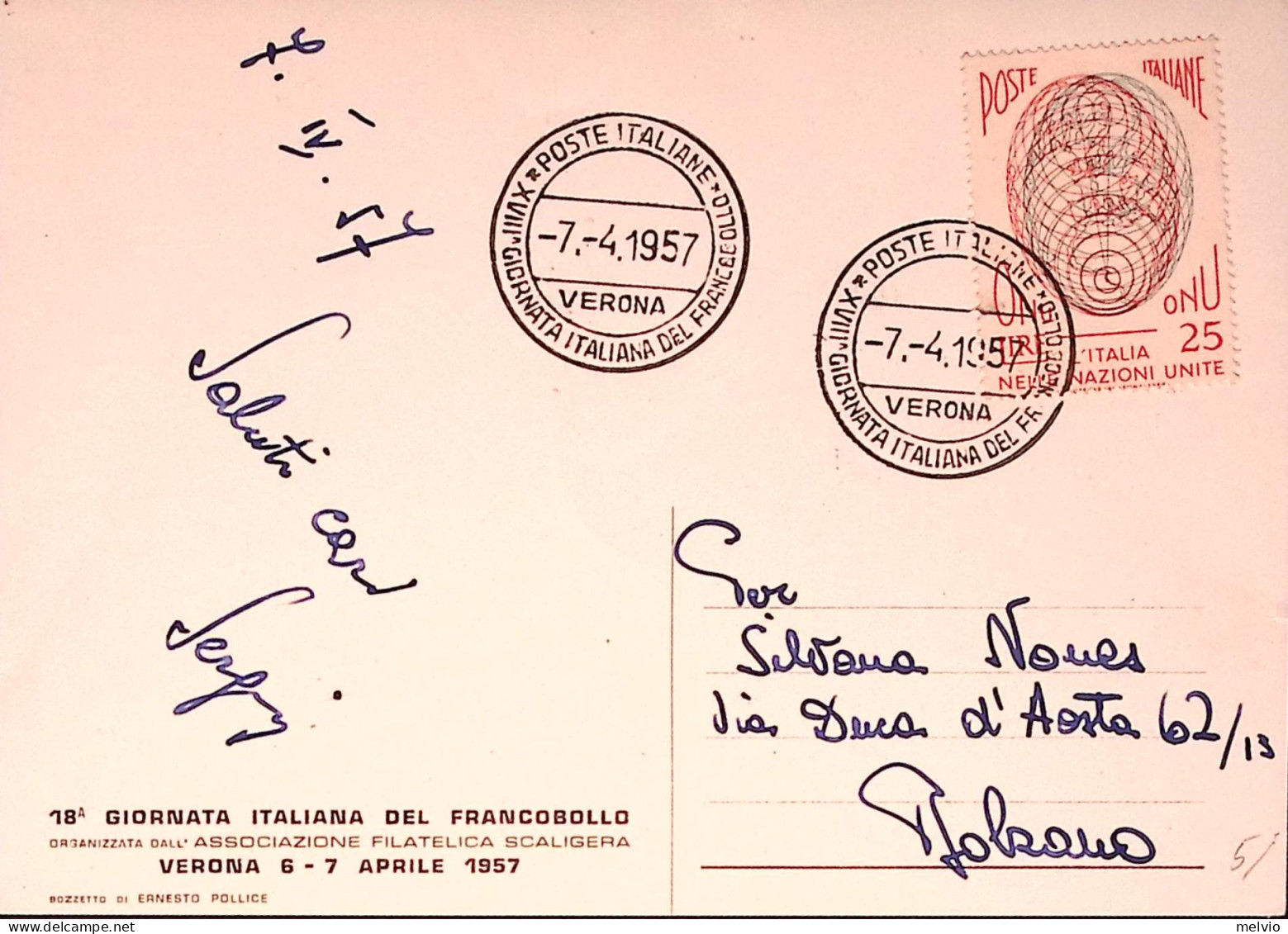 1957-XVIII^GIORNATA FRANCOLLO/VERONA Annullo Speciale (7.4) Su Cartolina Ufficia - Ausstellungen