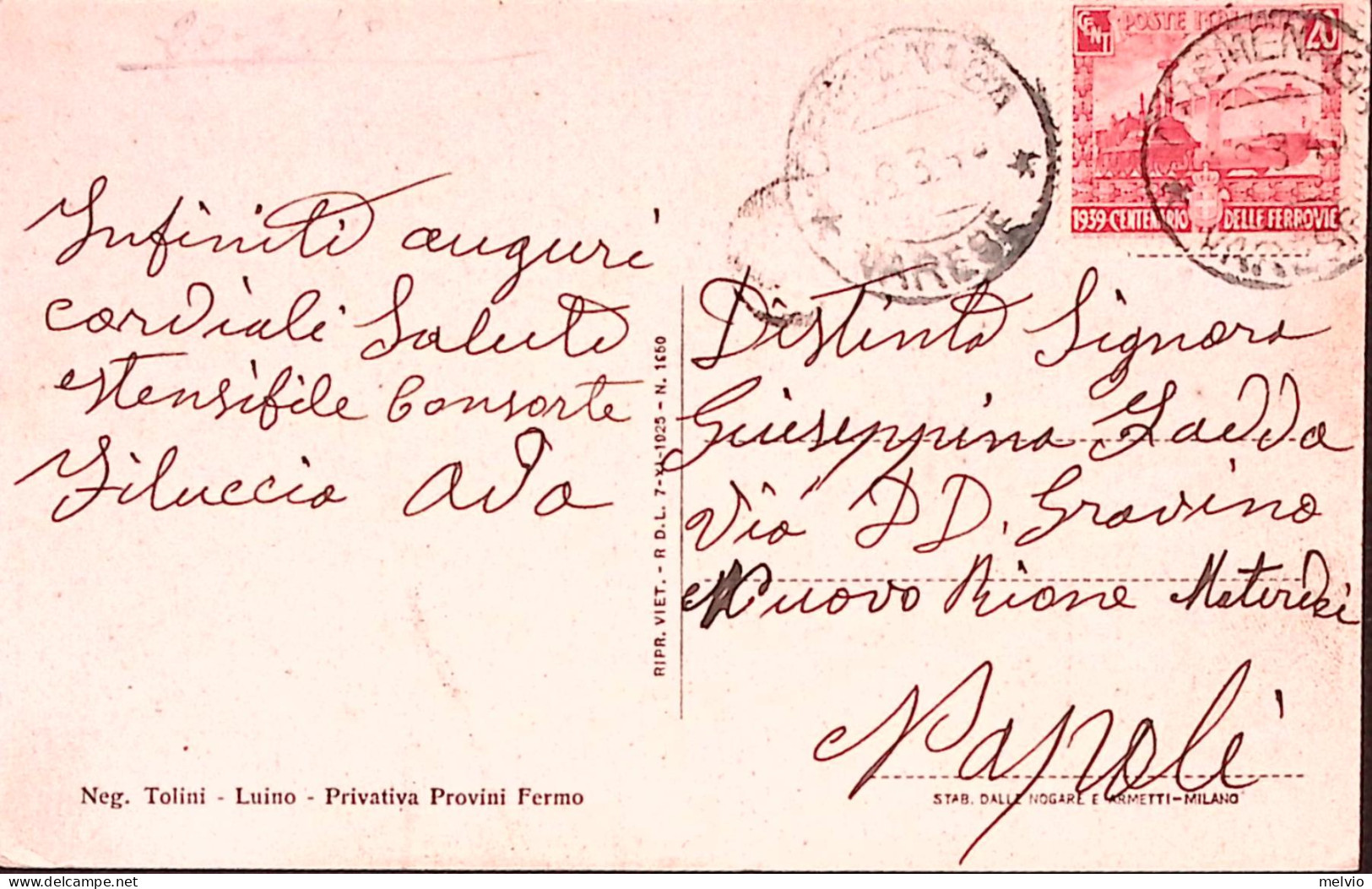 1940-CENTENARIO FERROVIE C.20 (449) Isolato Su Cartolina (Cremenaga) - Varese