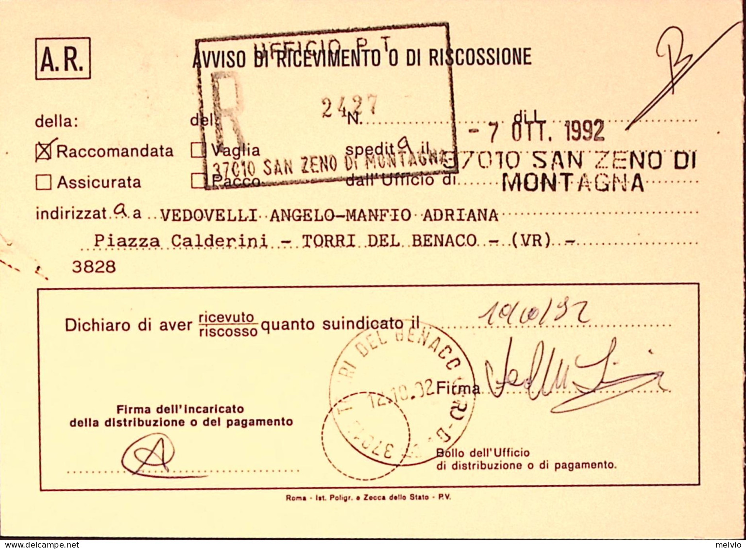 1992-GENOVA1992 Lire 750 (30927) Isolato Su Avviso Ricevimento - 1991-00: Poststempel