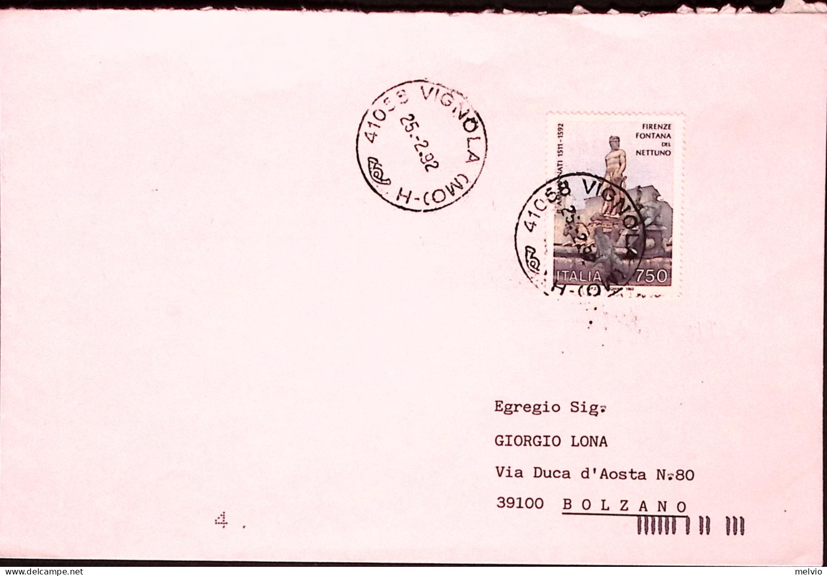 1992-FONTANA Del NETTUNO Lire 750 (30923) Isolato Su Busta - 1991-00: Poststempel