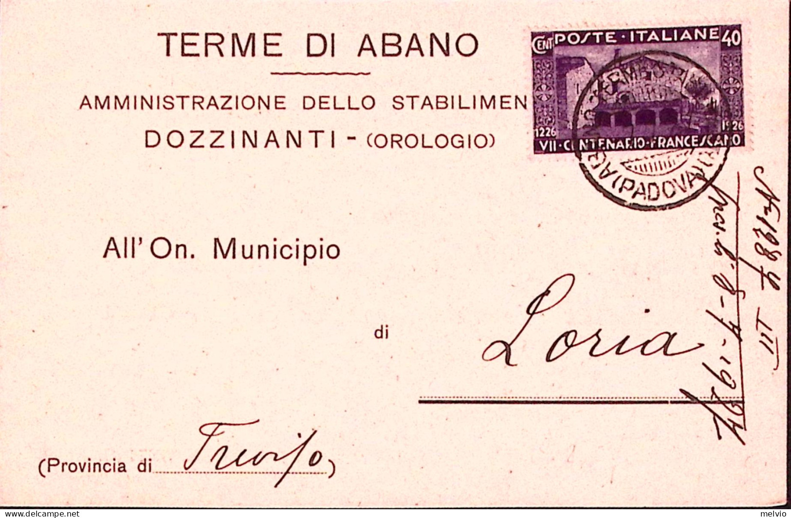 1927-S. FRANCESCO C.40 (194) Isolato Su Cartolina Abano (6.7) - Marcophilie