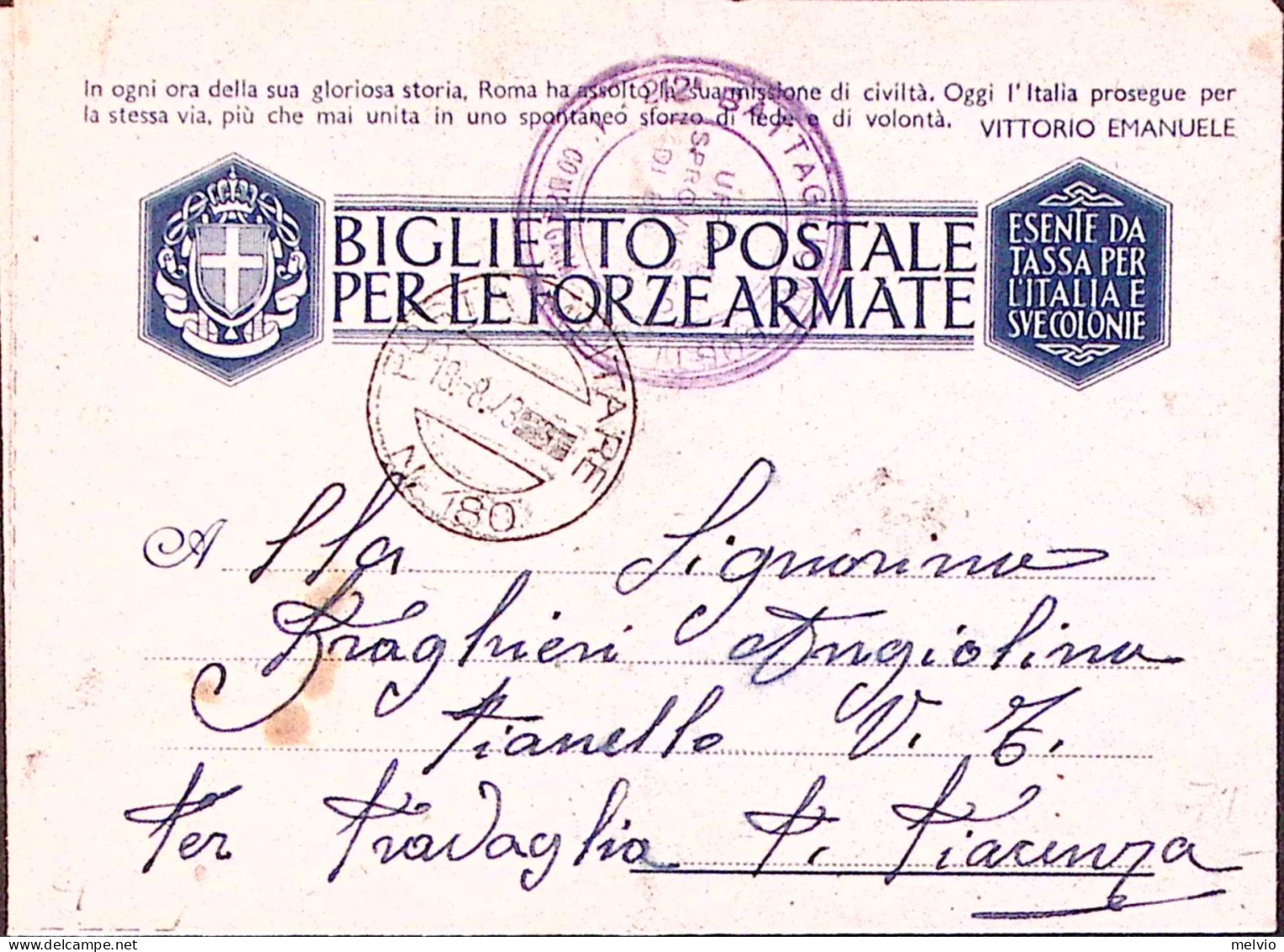 1943-Posta Militare /N 180 C.2 (18.8) Su Biglietto Franchigia - Marcophilie