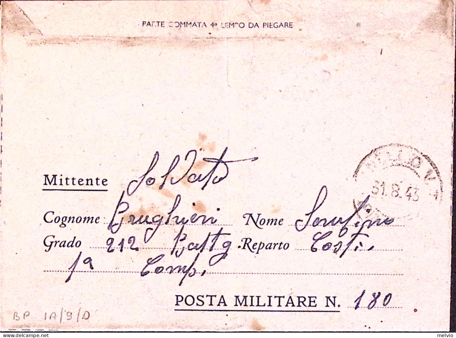 1943-Posta Militare /N 180 C.2 (18.8) Su Biglietto Franchigia - Marcophilie