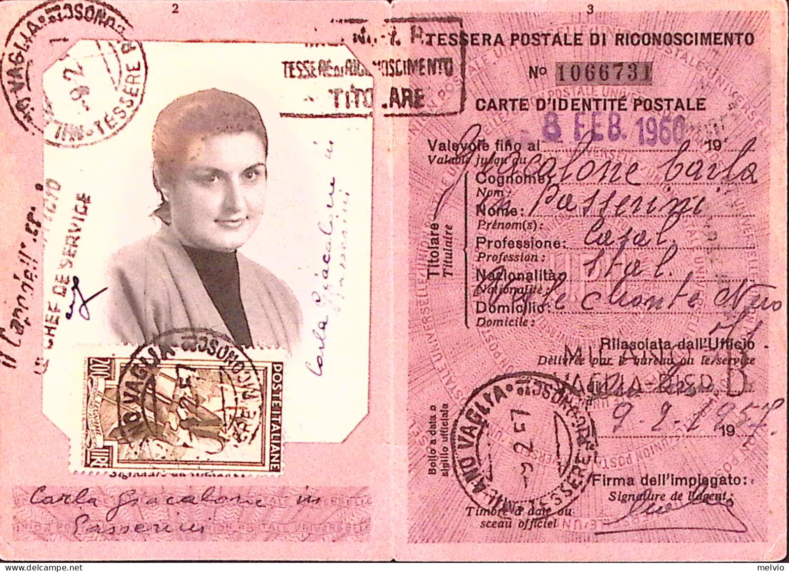 1957-ITALIA LAVORO Lire 200 (652) Isolato Su Tessera Postale Milano (9.2) - Cartes De Membre