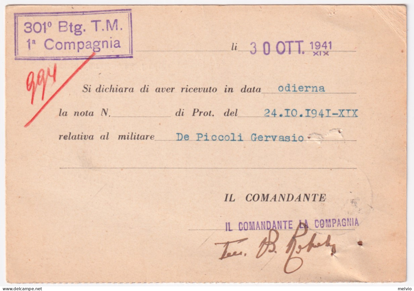 1941-Posta Militare N. 110 C.2 (31.10) Su Cartolina Di Servizio - Marcophilie