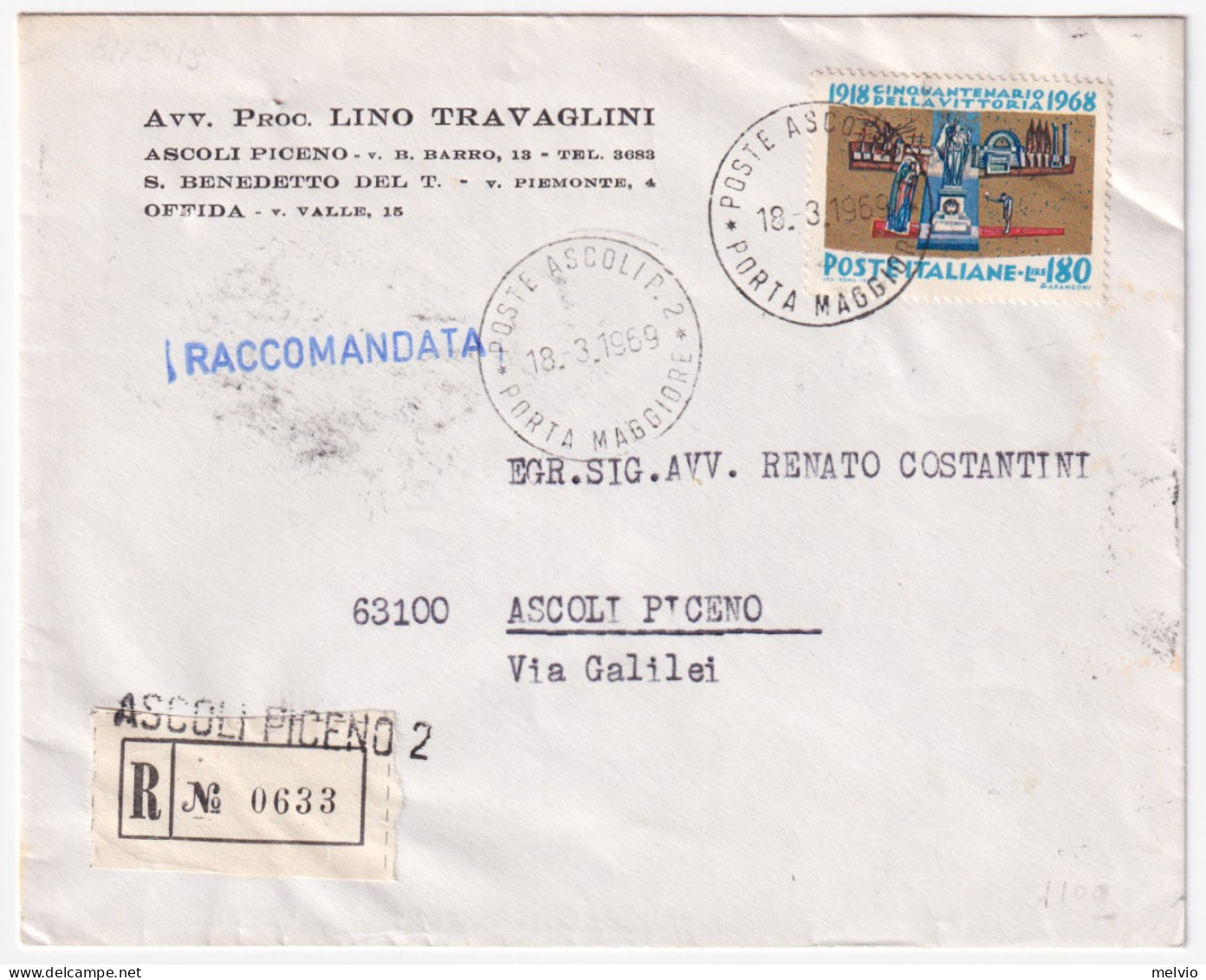 1969-50 VITTORIA Lire 180 (1102) Isolato Su Raccomandata Ascoli (18.3) - 1961-70: Marcophilia