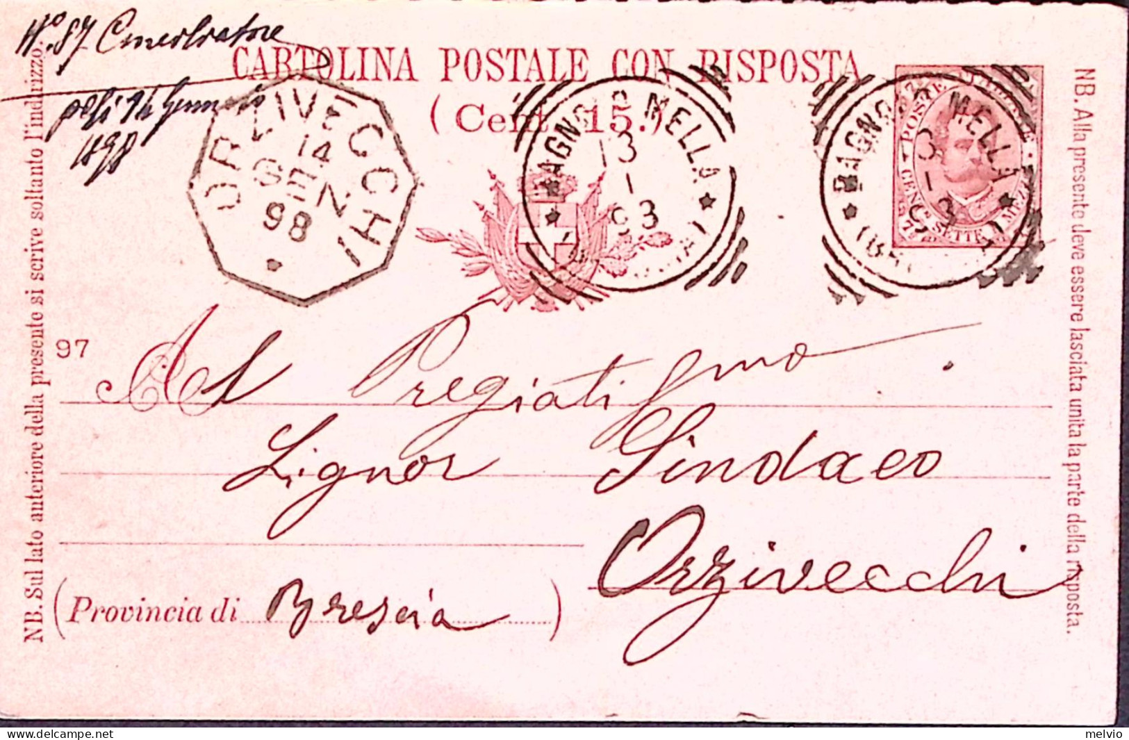 1898-ORZIVECCHI Ottagonale Collettoria (14.1) In Arrivo Su Cartolina Postale RP  - Entiers Postaux